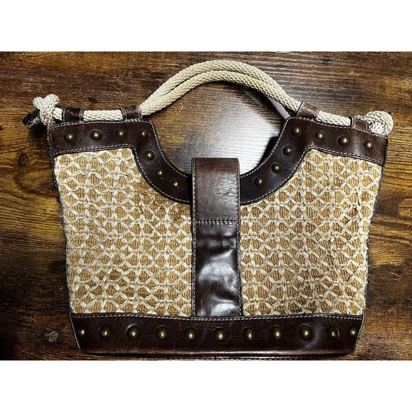 Rafe New York Vintage Woven Rattan & Leather Purse Rope Handles Boho - Picture 2 of 12